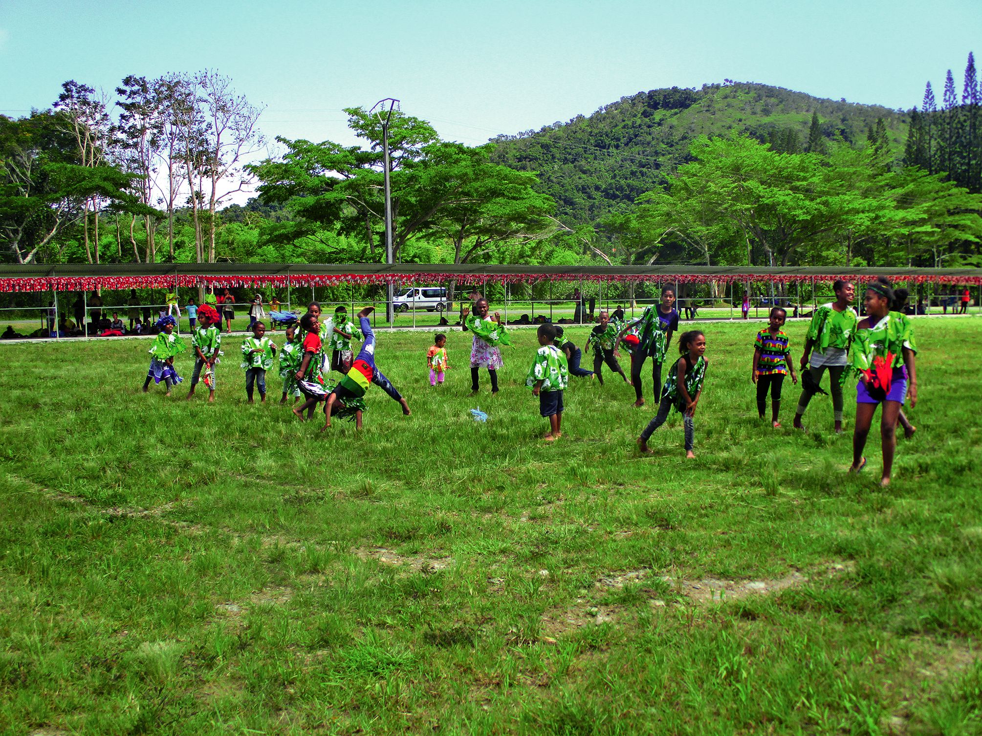 Terrain d'herbe avec des enfants qui jouent