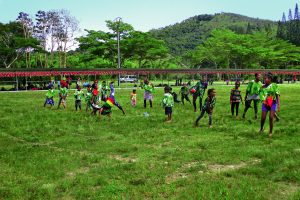 Enfants qui jouent Terrain d'herbe avec des enfants qui jouent